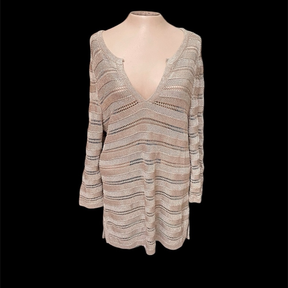 Talbots Tan Metallic Long V-neck Knit Linen Sweater 3/4 Sleeves Sheer Size Large